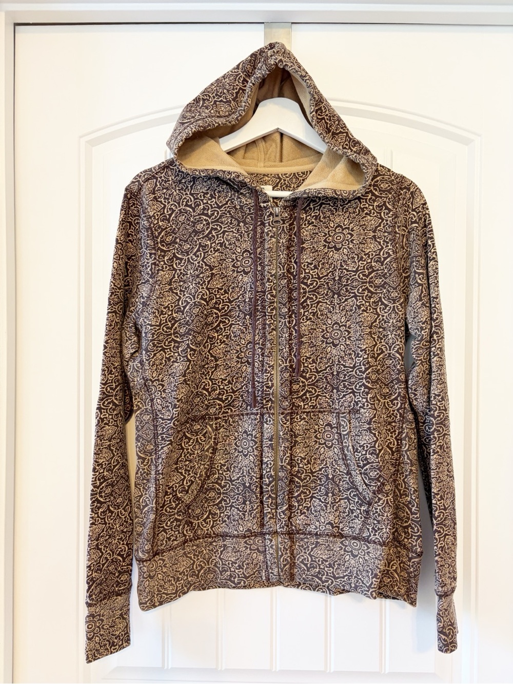 VINTAGE Lucky Brand John Robshaw Brown Floral-Print Zip Hoodie
